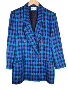 Vintage Double Breasted Blue Plaid Houndstooth Blazer 80s Maximalist Bold Preppy